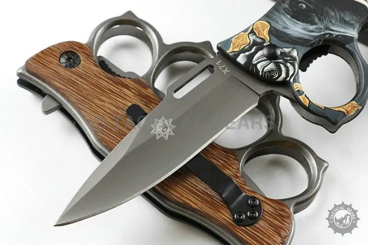 X71 Quick Open Knuckle Duster Knife with wooden handle and silver blade