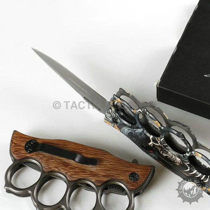 X71 Quick Open Knuckle Duster Knife with wooden and patterned handles