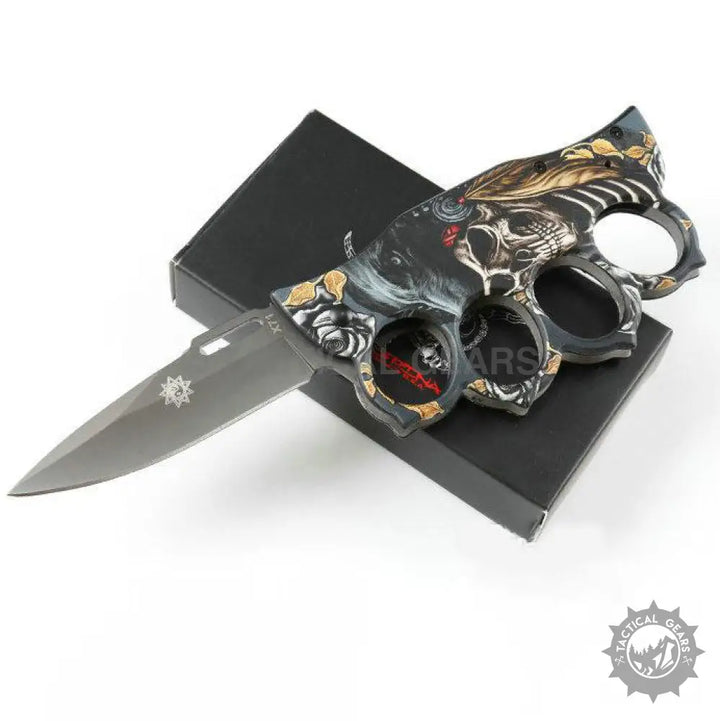 X71 Quick Open Knuckle Duster Knife with skull theme and silver blade