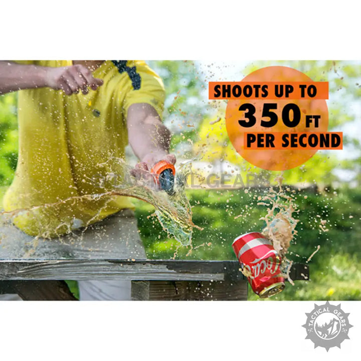 Rubber cone slingshot shooting liquid stream hitting soda can for precise aim practice