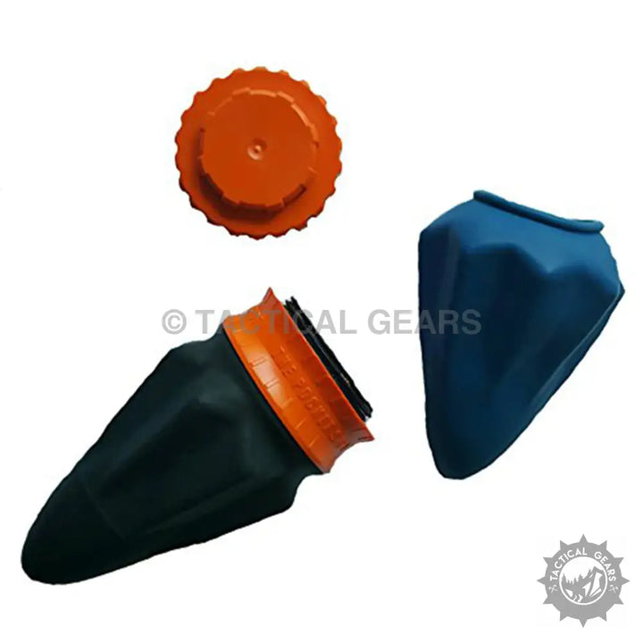 Portable collapsible rubber cone slingshot with orange cap and black blue pouch