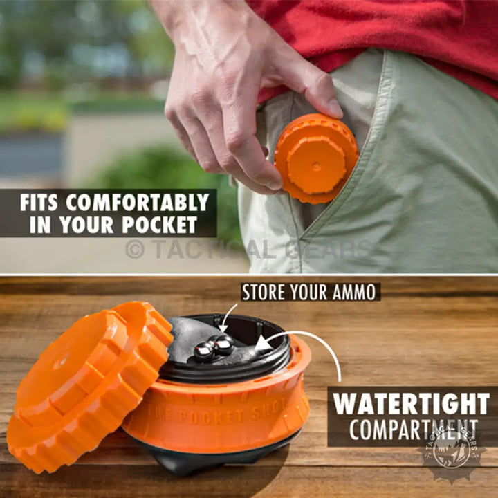 Orange portable container for small ammunition with rubber cone slingshot design