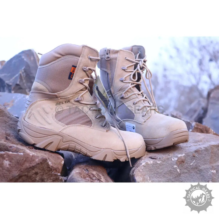 Pair of tan tactical boots with laces and zippers from Tactical Delta Military Shoes original quality