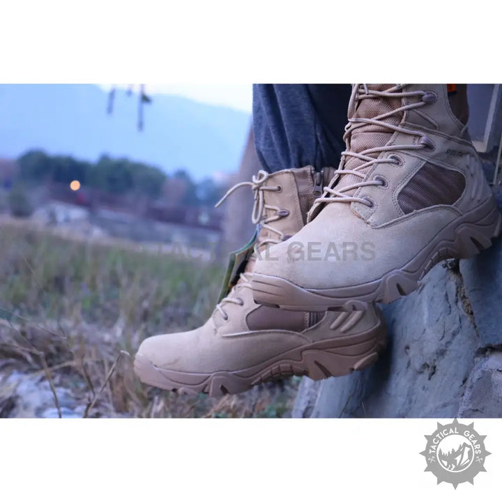 Pair of beige tactical boots with lugged soles from Tactical Delta Military Shoes original quality