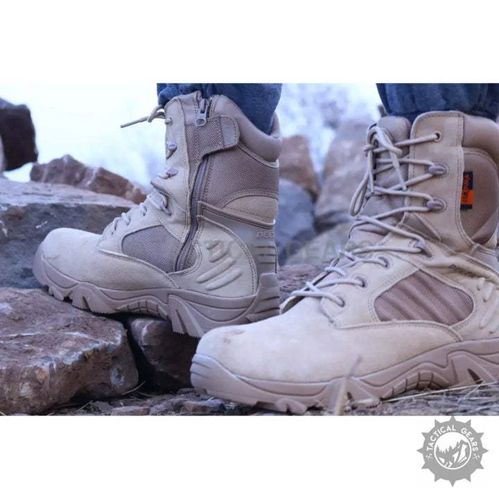 Original quality tactical Delta Military shoes featuring tan tactical boots with side zippers