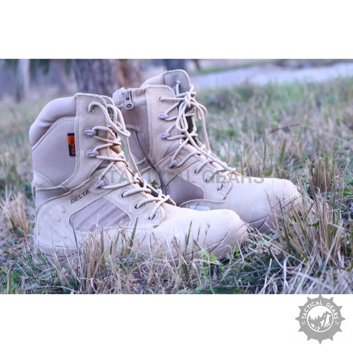 Pair of light brown Tactical Delta Military Shoes with laces and side zippers in original quality