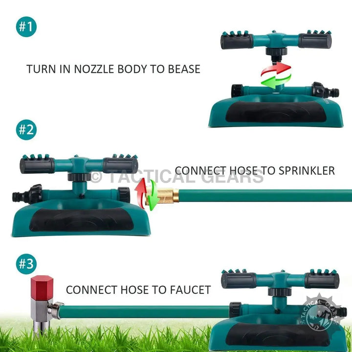 Green oscillating sprinkler with three adjustable arms for easy hose and faucet connection