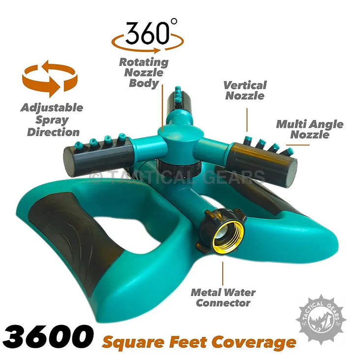 Teal and black oscillating sprinkler with adjustable spray, multi-angle nozzles, metal connector covering 3600 sq ft
