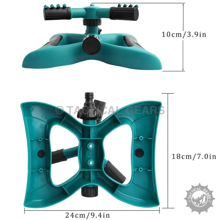 Teal plastic oscillating sprinkler with adjustable rotating nozzles for lawn watering