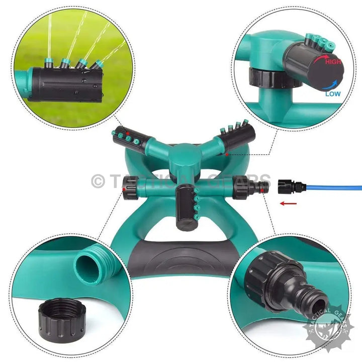 Green three-arm oscillating sprinkler with adjustable spray for efficient watering