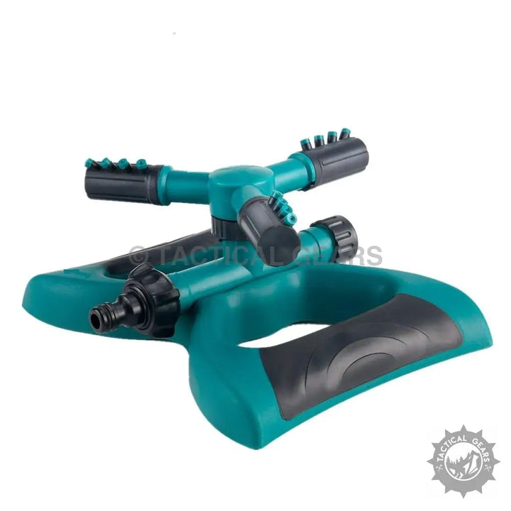 Teal and black oscillating sprinkler with multiple spray nozzles for watering gardens