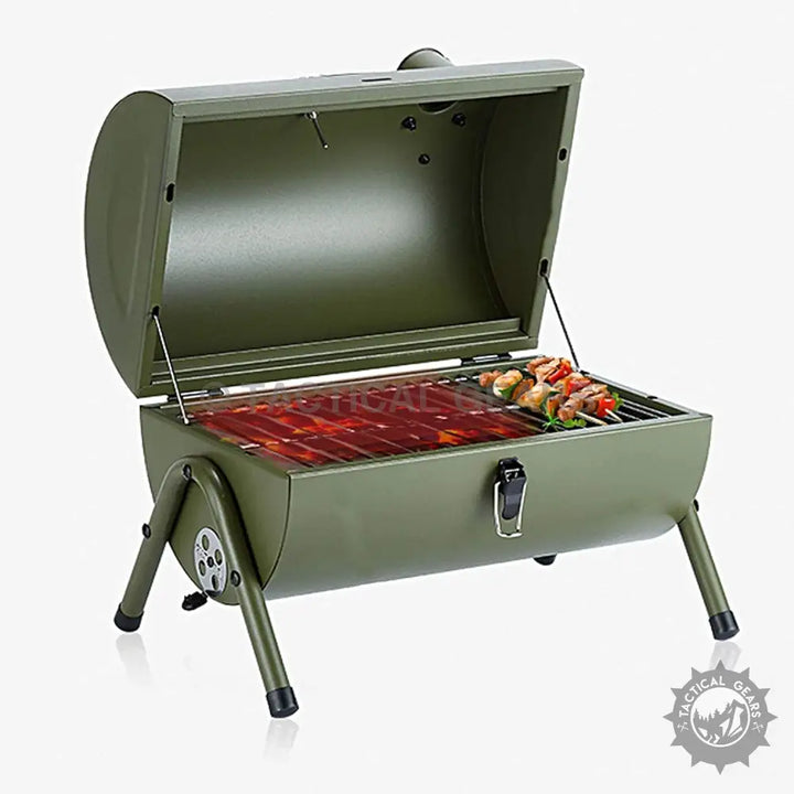 Olive green Outdoor Barbecue Charcoal Grill with compact size stainless steel grill net