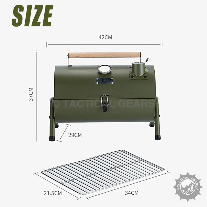 Olive green outdoor barbecue charcoal grill with temperature gauge and stainless steel grill net