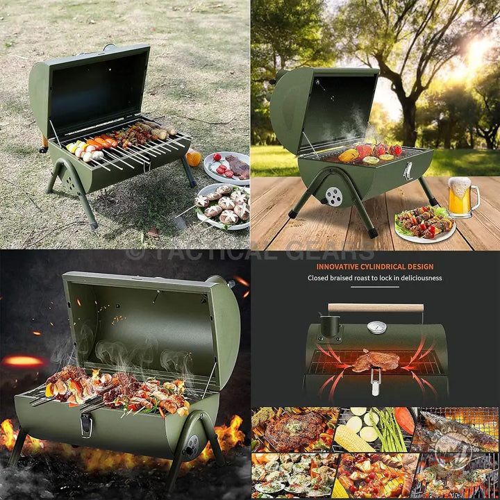 Olive green portable charcoal barbecue grill with hinged lid, compact stainless steel grill net