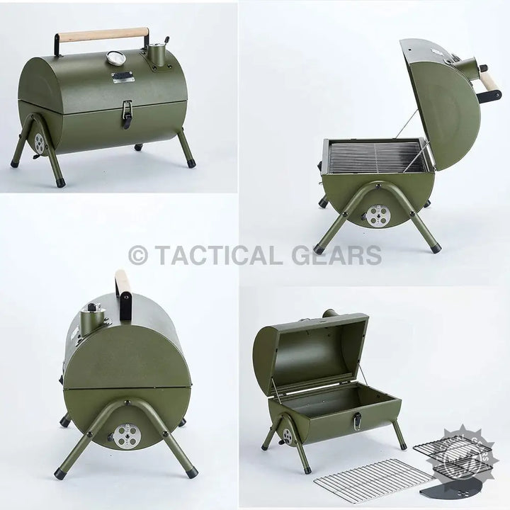 Olive green portable charcoal grill with temperature gauge, compact size, stainless steel grill net