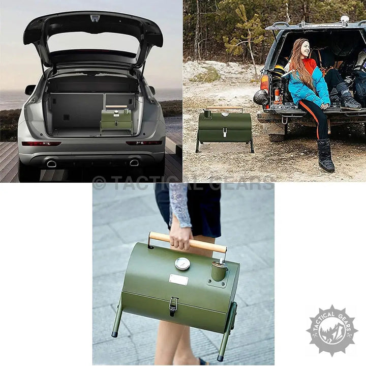 Portable green camping grill with wooden handle, compact size, stainless steel grill net