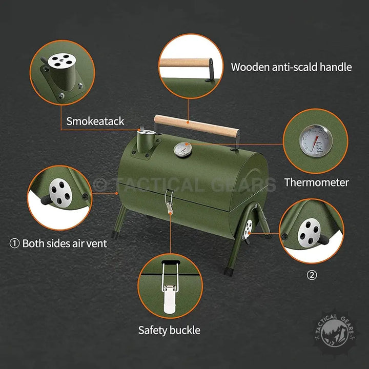 Olive green portable BBQ grill with thermometer, wooden handle, air vents, safety buckle