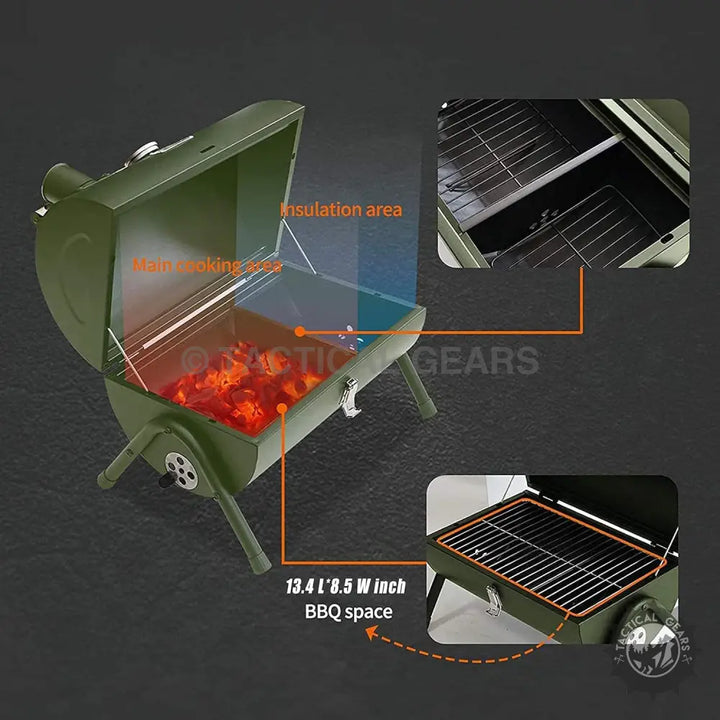 Outdoor Barbecue Charcoal Grill in olive-green with compact size stainless steel grill net