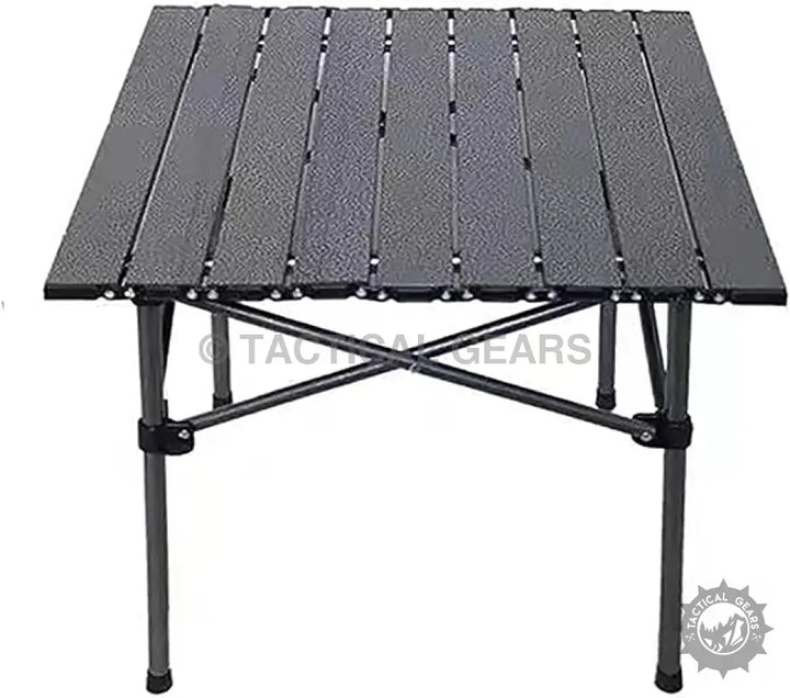 Dark gray outdoor camping folding table with slatted top and cross-braced legs