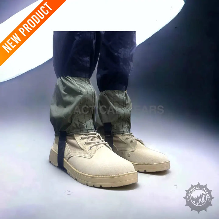 Khaki canvas boots with dark pants and olive green gaiters for outdoor activities