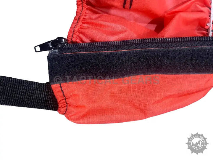 Orange fabric pouch with black zipper and velcro closure for outdoor activities