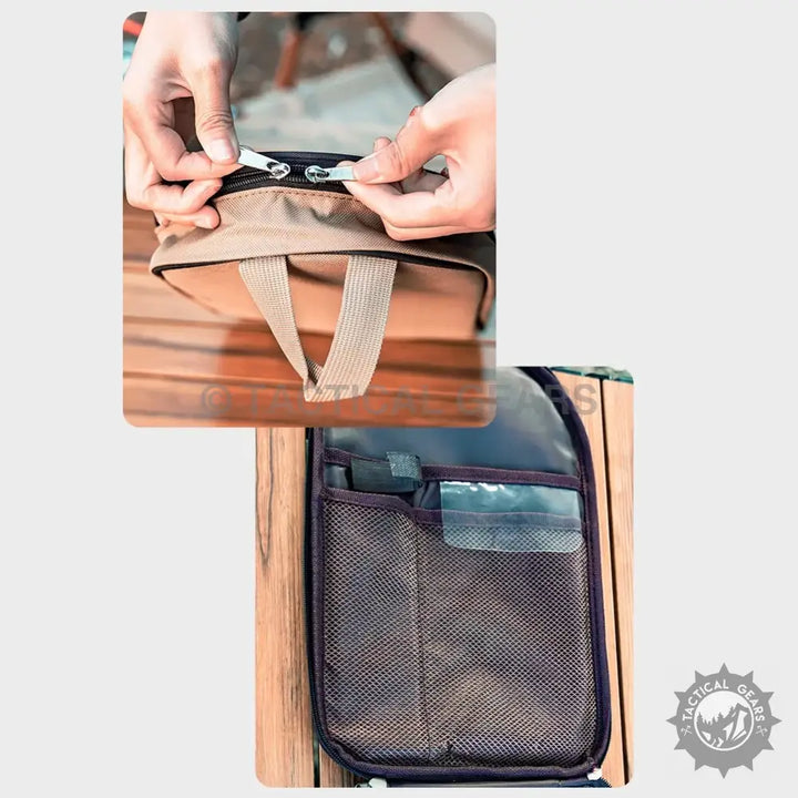 Outdoor beige and black bag with multiple compartments and zippered top