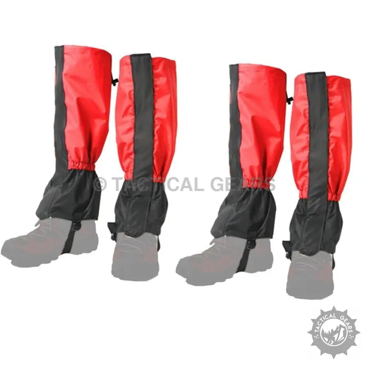 Four pairs of red and black waterproof hiking gaiters for outdoor protective leg coverage