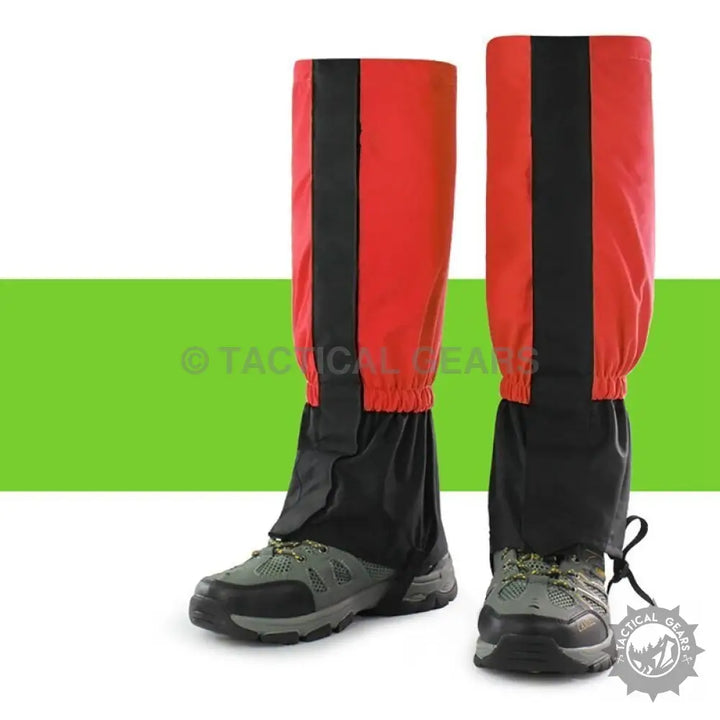 Red and black waterproof hiking gaiters with elasticized cuffs for outdoor protection