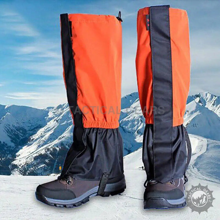 Orange and black waterproof hiking gaiters for outdoor protection and leg coverage