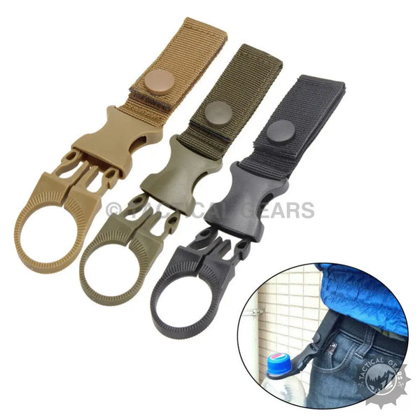 Outdoor tactical bottle holders in tan, green, and black with buckles and snap straps