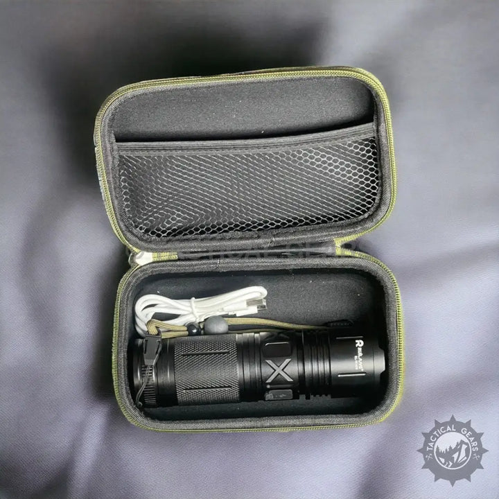 P90 Tactical Flash Light in olive green case with charging cable for tactical use