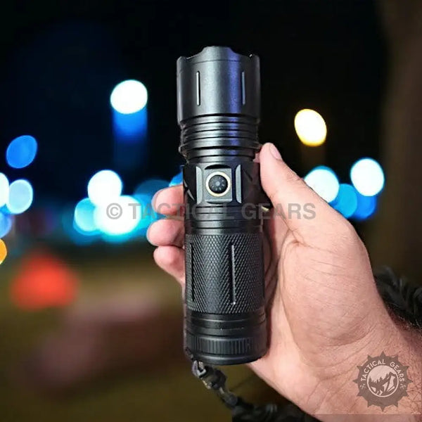 Black P90 Tactical Flash Light with side switch and textured grip for outdoor use