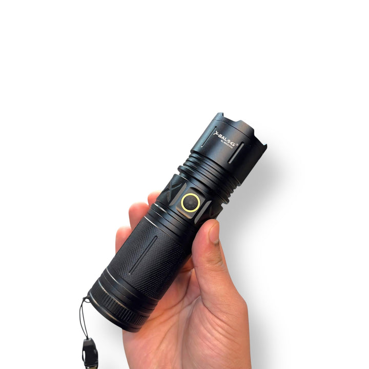 Black handheld LED flashlight with side power button and wrist strap, LOT imported P90 flashlight
