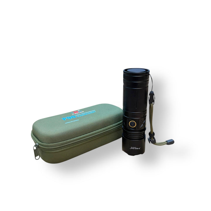 Black P90 Tactical Flashlight with wrist strap and green zippered case, lot imported P90