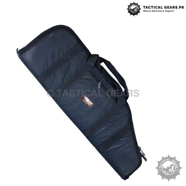 Black soft rifle bag with carry handle and zipper closure for easy transport