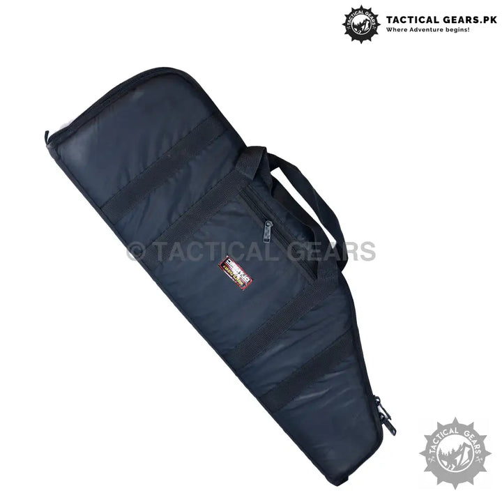 Black soft rifle bag with carry handle and zipper closure for easy transport