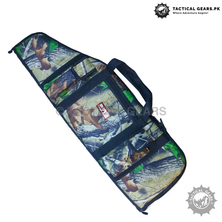 Camo-patterned rifle bag with padded fabric and carrying handles for secure transport