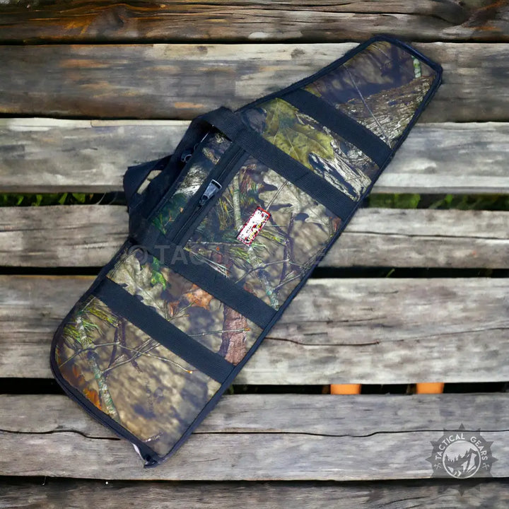 Camo rifle or shotgun case with padded design and zipper pouch for secure storage