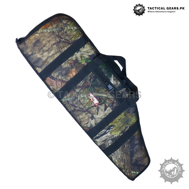 Camo patterned rifle case with black straps and zipper pouch for secure storage