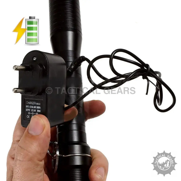 Black rechargeable tactical flashlight with European wall charger for high voltage use