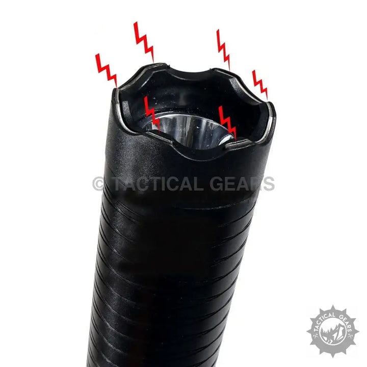 Black stun gun flashlight with ribbed grip, high voltage self-defense tool for safety