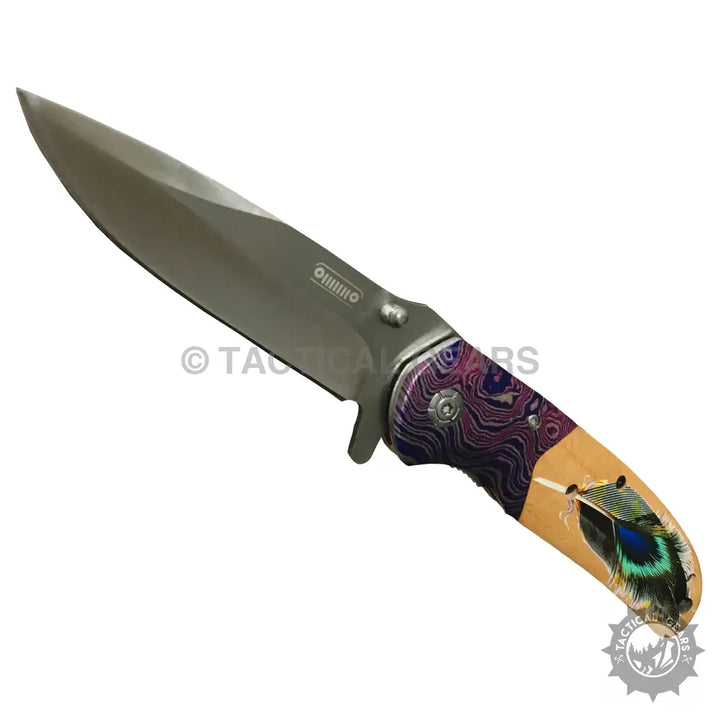 Jeep DA153 Tactical Survival Knife with silver blade and purple peacock feather handle