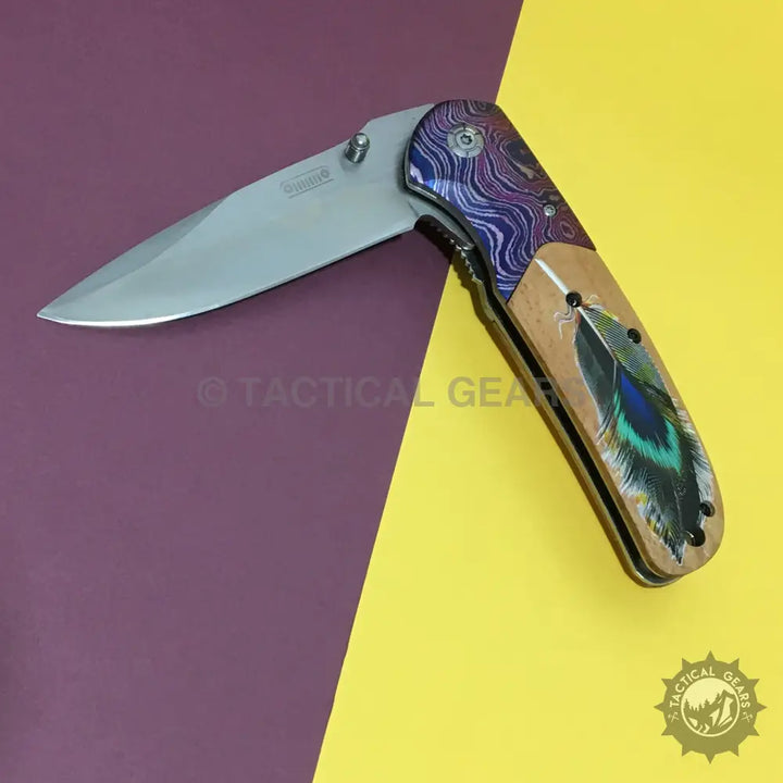 Jeep DA153 Tactical Survival Knife with peacock feather handle and purple pattern