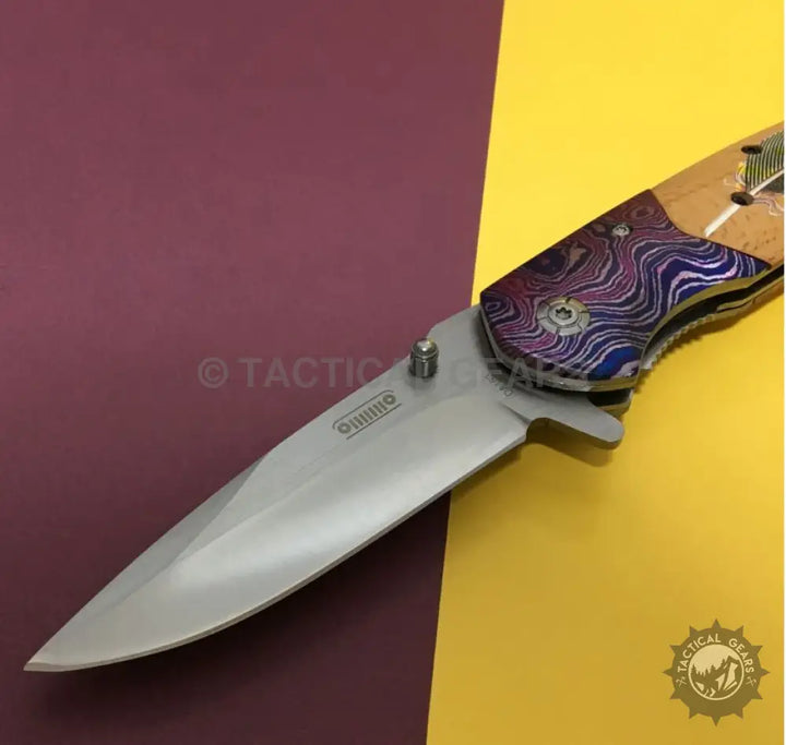 Jeep DA153 Tactical Survival Knife with gray blade and colorful patterned handle