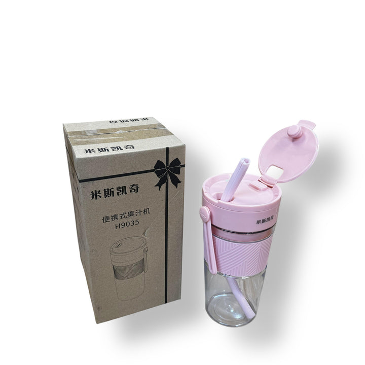 Pink and clear portable blender bottle with straw, ideal for on-the-go blending, lot imported