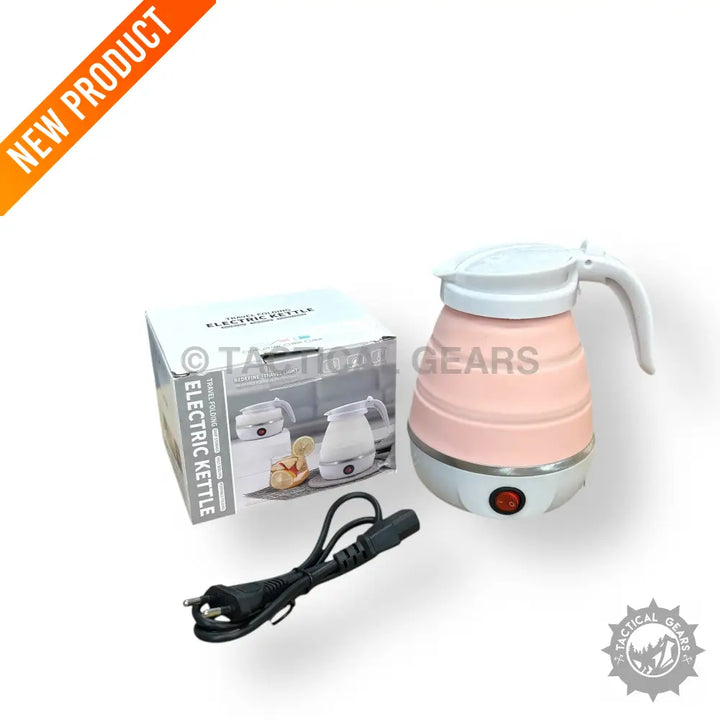 Pink 600ml Travelling Folding Kettle with handle, lid, power cord, and packaging