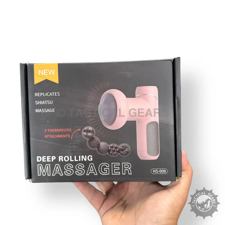 Pink Deep Rolling Massager with 5 Heads in packaging, includes multiple therapeutic attachments