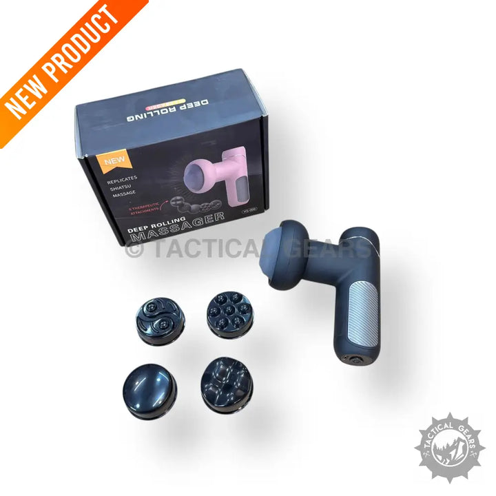 Black handheld deep rolling massager with four interchangeable heads and product box