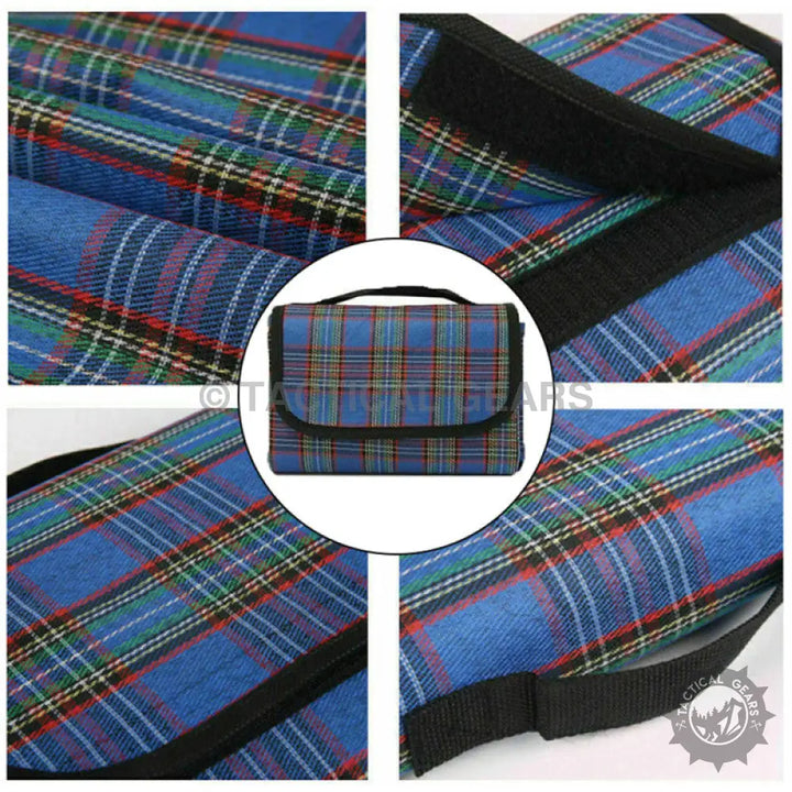 Folded blue plaid picnic blanket with black handle, portable waterproof picnic mat