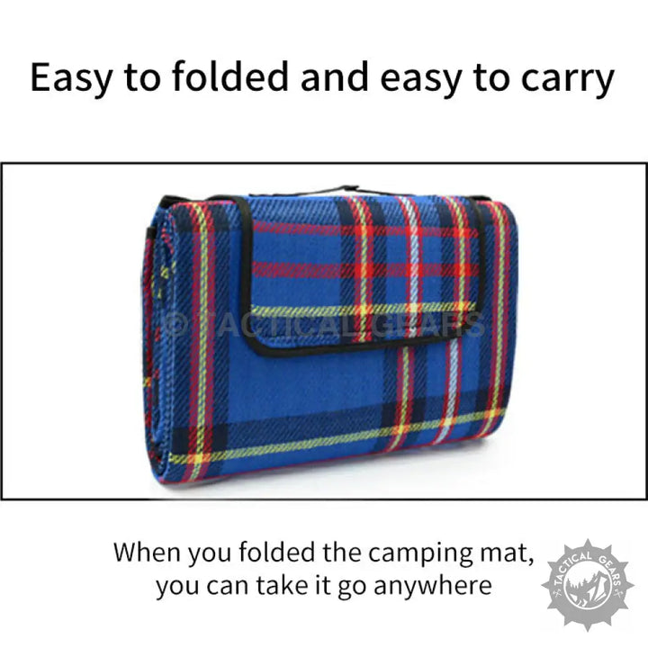 Foldable blue and red plaid picnic blanket camping mat for outdoor adventures
